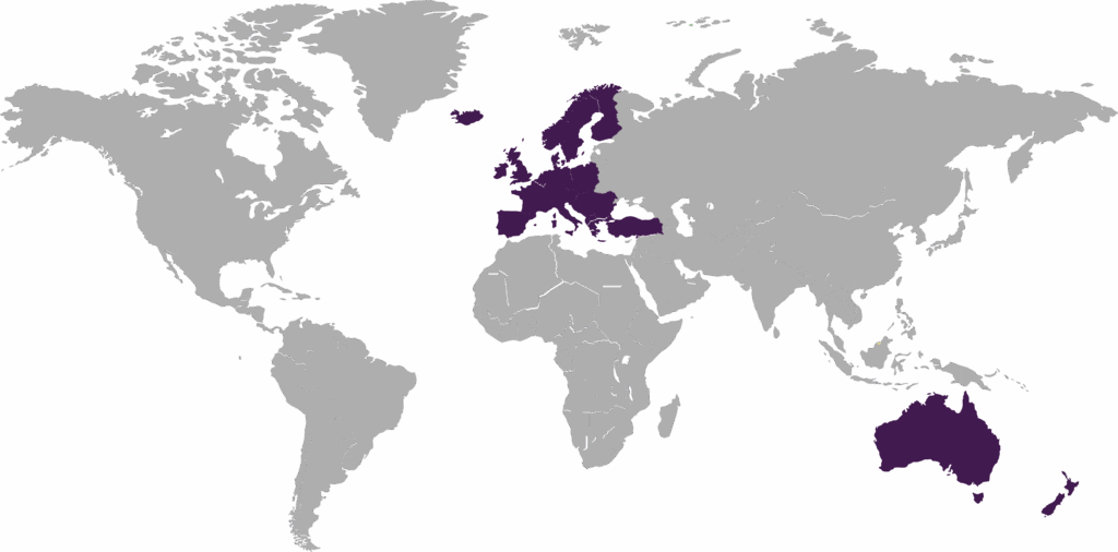 map highlighted of europe and australia