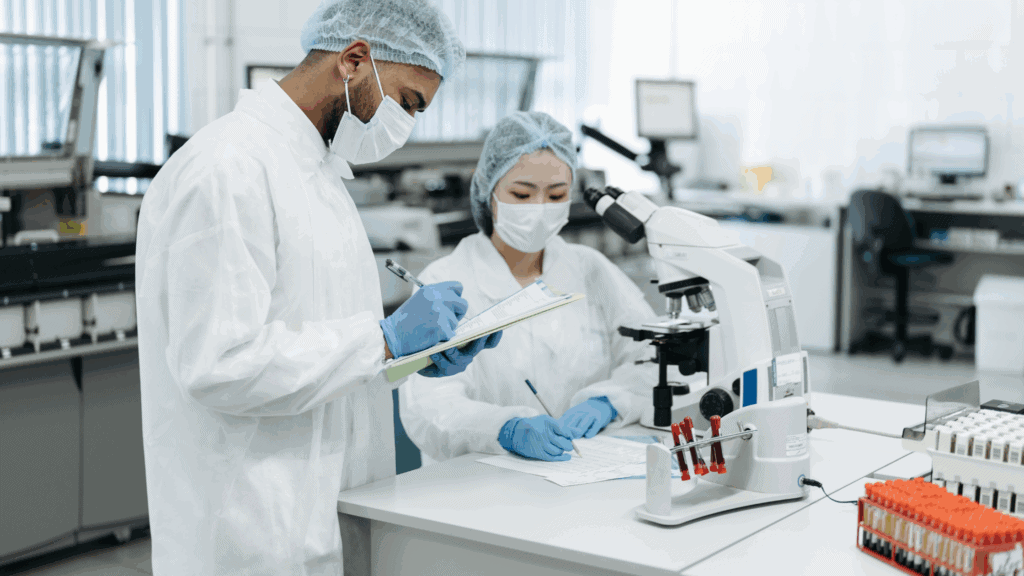 two lab professionals working in a lab with compliance