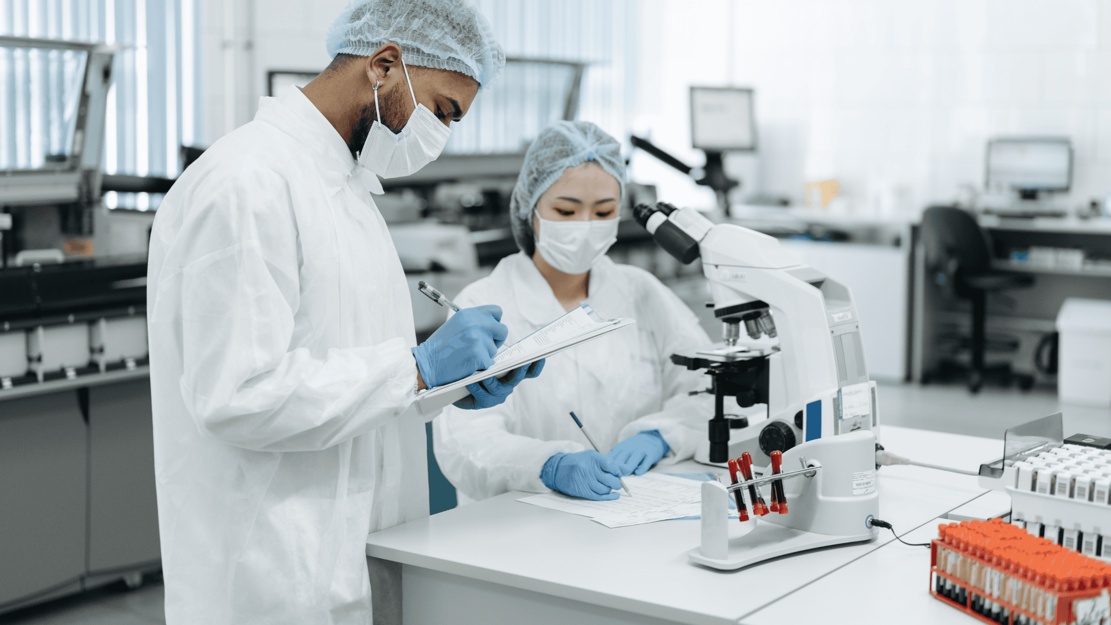 two lab professionals working in a lab with compliance