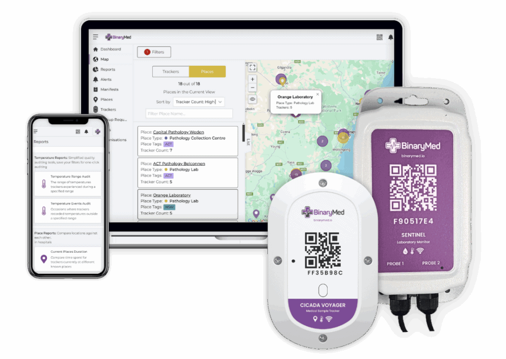 Lab compliance data and audit-ready reporting interface with sample monitoring devices