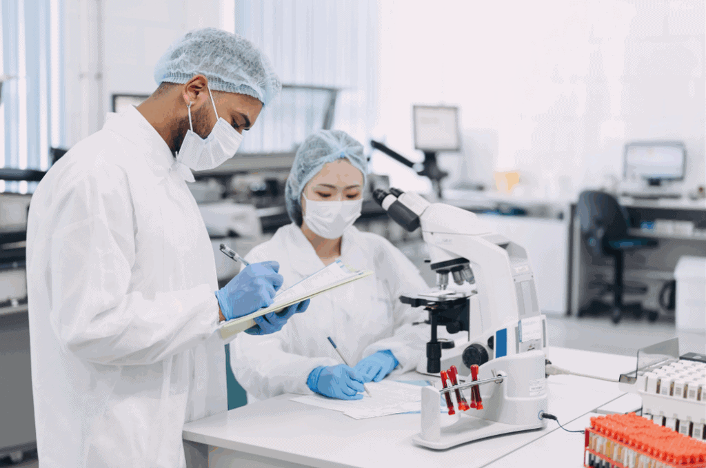Pathology lab professionals reviewing sample transport and monitoring data